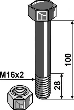 Schraube mit Sicherungsmutter - M16 x 2 - 10.9